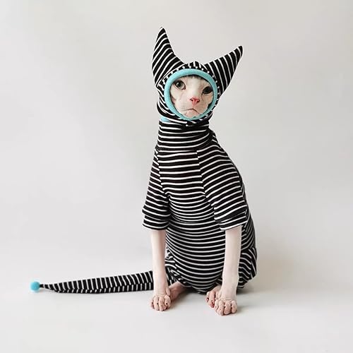Miniatura 5 de Sphynx - Conjunto de camisa transpirable a rayas negras para gatos, gorro y camisa para mascotas, Blanco