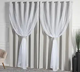 Cortina Solaris Blackout/Bleucate de Tecido com Voil 3,00m x 2,50m Alt com Ilhós Cromado e Abraçadeiras - Off-White