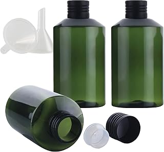 TIANZD Pack of 3 - Empty 150ml Green Plastic Bottles with Black Aluminium Screw on Lids and Orifice Reducers Refillable Containers for Cosmetic Alcohol Makeup Remover Essential Oil with Funnel