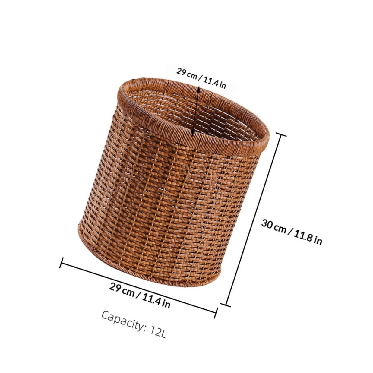 ARTIBETTER Retro Large 12l Imitation Rattan Wastebasket, Walnut Color Woven Trash Bin for Office, Bathroom, Bedroom Storage and Sundries Organization