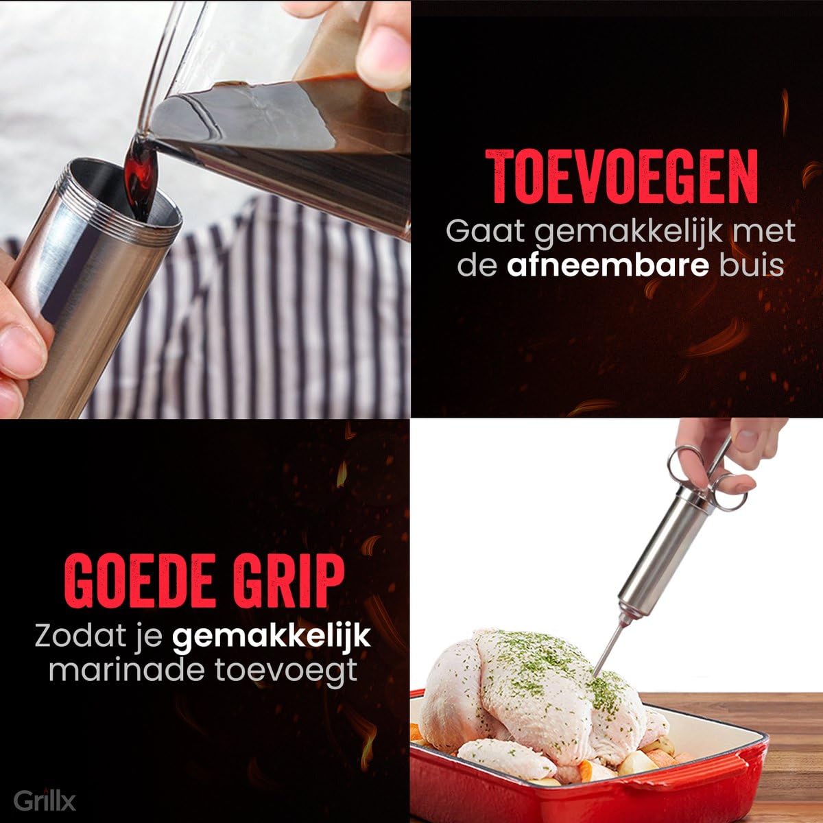 GrillX luksusowa strzykawka do marynaty, zawiera 3 igły, szczotki i worek do przechowywania, strzykawka do mięsa - akcesoria do grilla