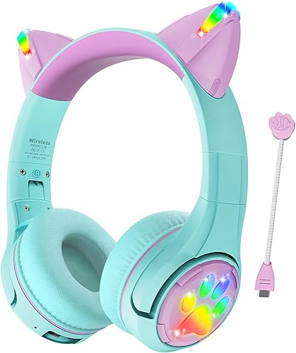 Riwbox CF9 - Auriculares Bluetooth para niños con luz LED, límite de volumen seguro de 85 dB, micrófono integrado y micrófono Boom para llamadas,