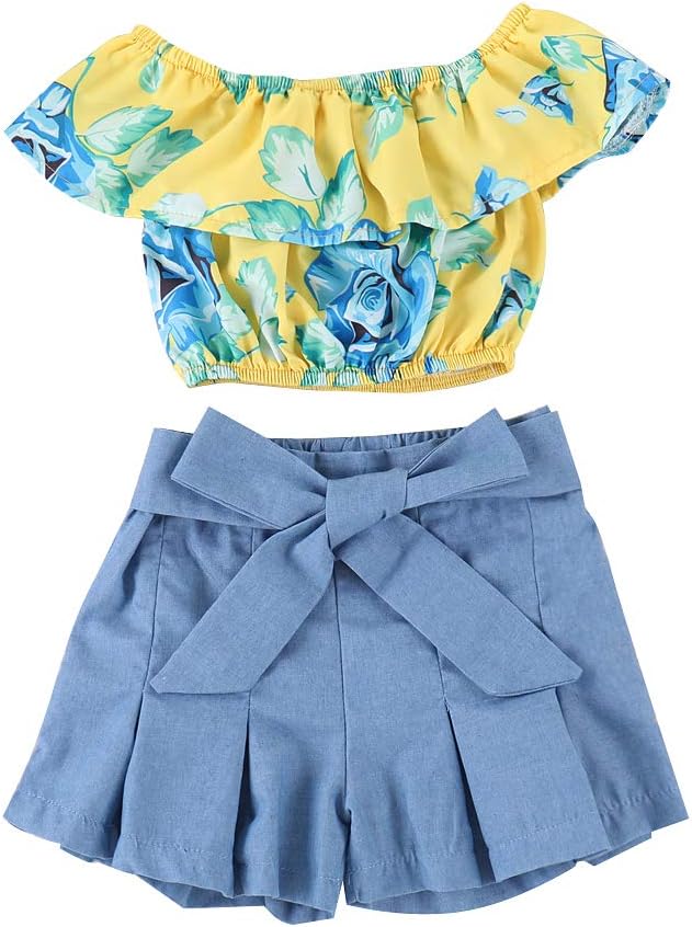 Kids Baby Girls Outfits Floral Ruffle Off Shoulder Crop Tops + Bowknot Denim Shorts Skirt Set Toddler Summer Clothes
