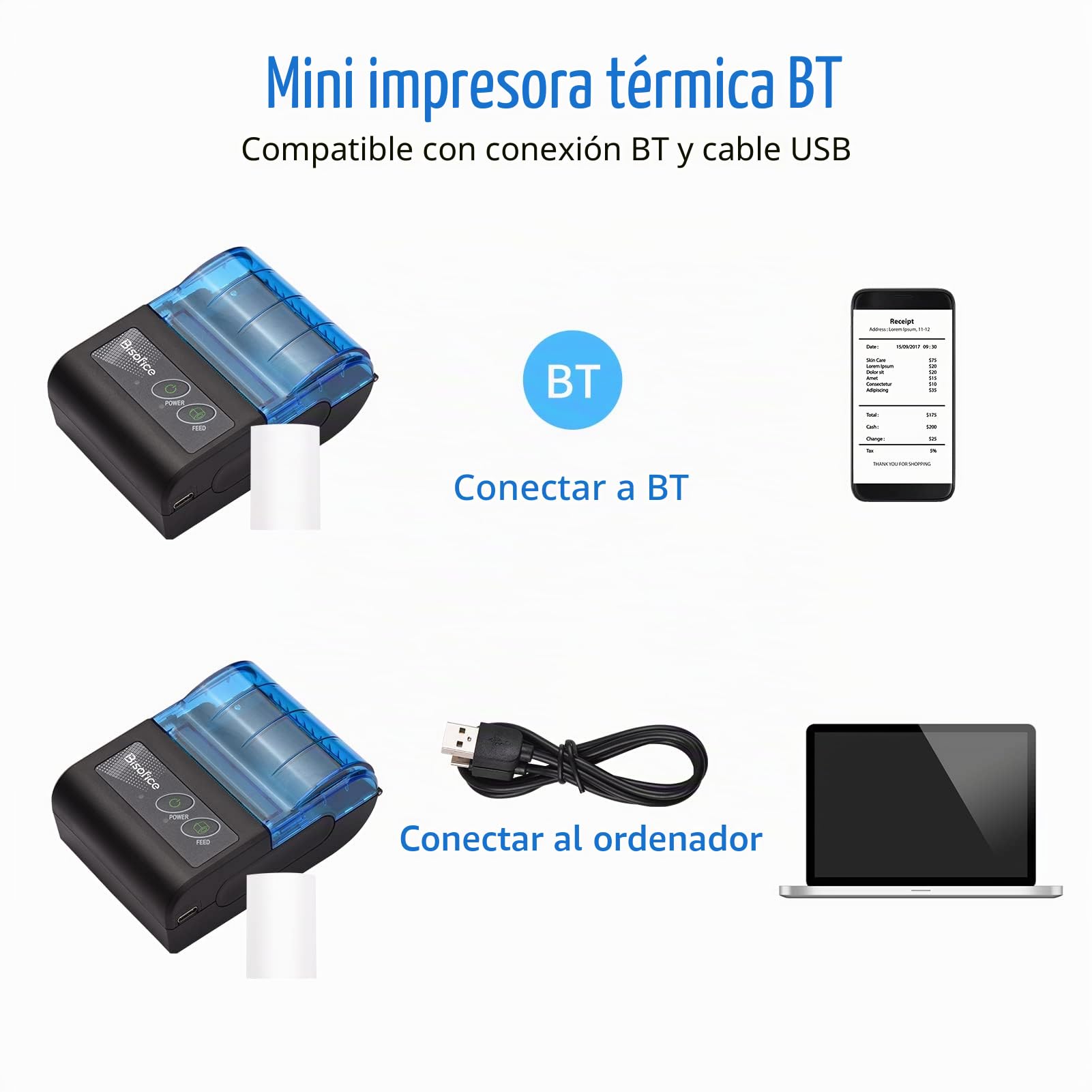 XGR-POS581 Mini impresora térmica portátil Impresora de tickets de recibos de recibos USB inalámbrica de 2 pulgadas con papel de impresión de 58 mm Compatible con iOS Android para ventas de