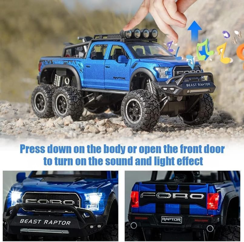 Image of Play Boy 1:28 Ford Raptor F150 Model Diecast Metal Alloy Pullback Toy Vehicle with Openable Doors Light and Music Car for Kids (Multicolor)