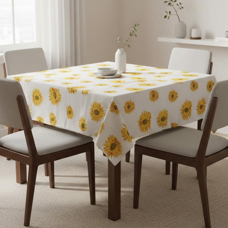 Image of HOMEMONDE 100% Cotton Premium Dining Table Cover 45 x 45 Inches Floral Printed Table Cloth for 4 Seater, Square Centre Table Cover (114 x 114 CM, Sun Flower - Multicolor)