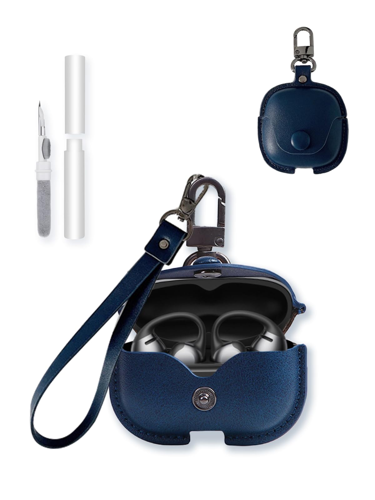 Custodia per auricolari SHOKZ OpenDots ONE, elegante e retro morbida, custodia protettiva BOVUGAC in pelle PU di alta qualità con kit di pulizia e cordino per accessori SHOKZ OpenDots ONE, blu