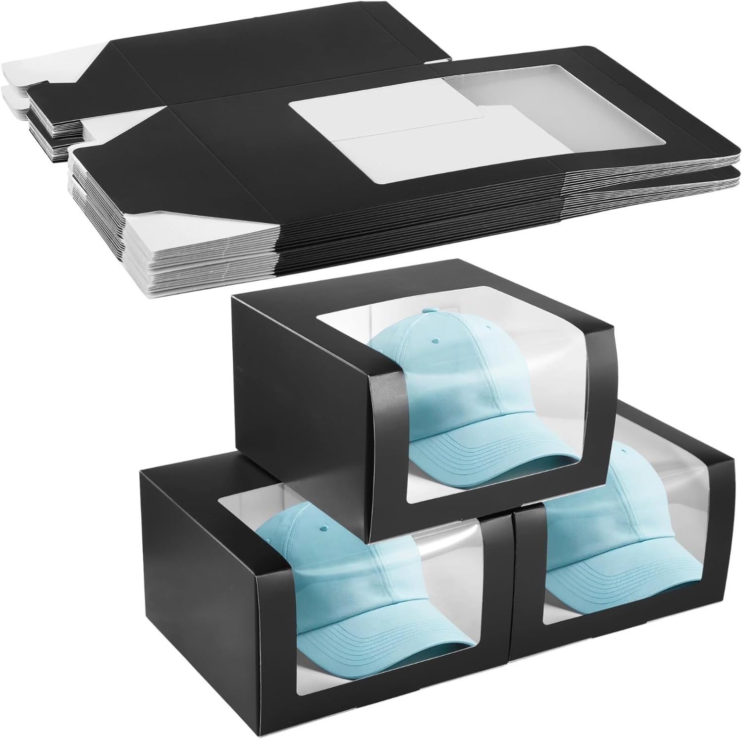12 Pcs Black Gift Boxes, Window Display Hat Storage Boxes, Paper Boxes for Caps, Foldable Packaging, 7.9×7.9×4.7