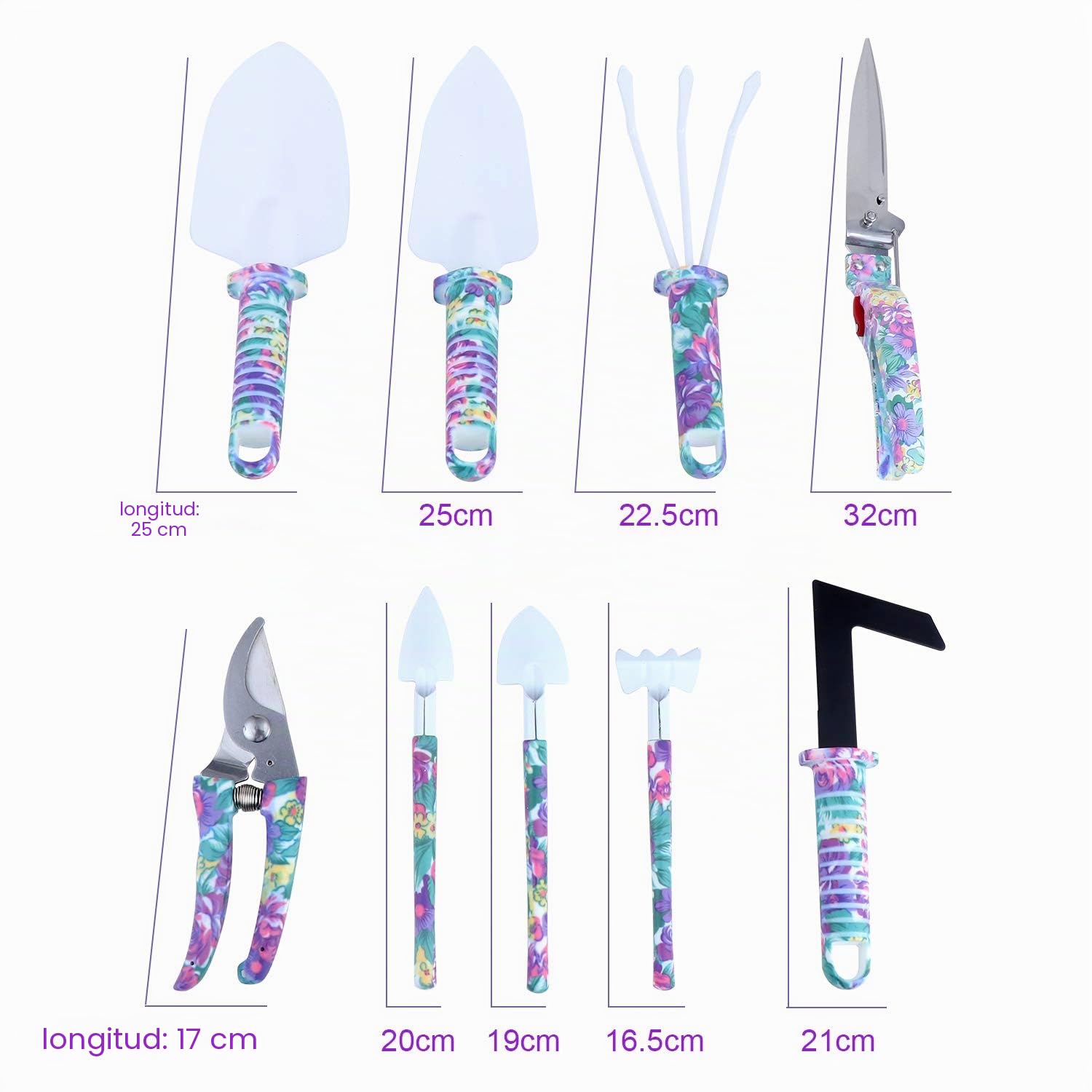 Coolty Juego de Herramientas para Jardinería con Mango Ergonómico y Estampado Floral Morado, Kit de Plantación con Funda de Transporte (10 Piezas)