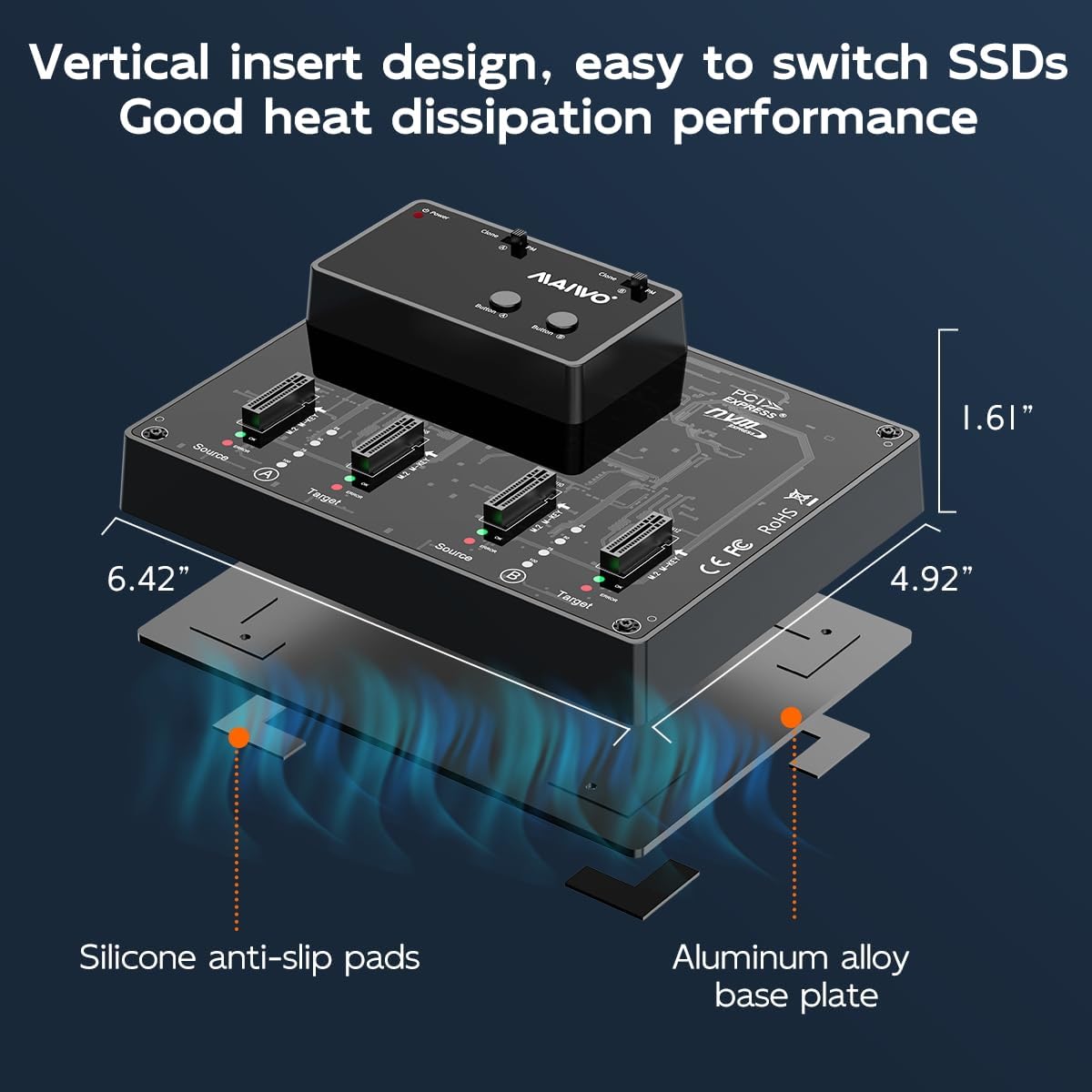 Diagram showing the vertical insert design, silicone anti-slip pads, and aluminum alloy base plate for heat dissipation of the MAIWO docking station