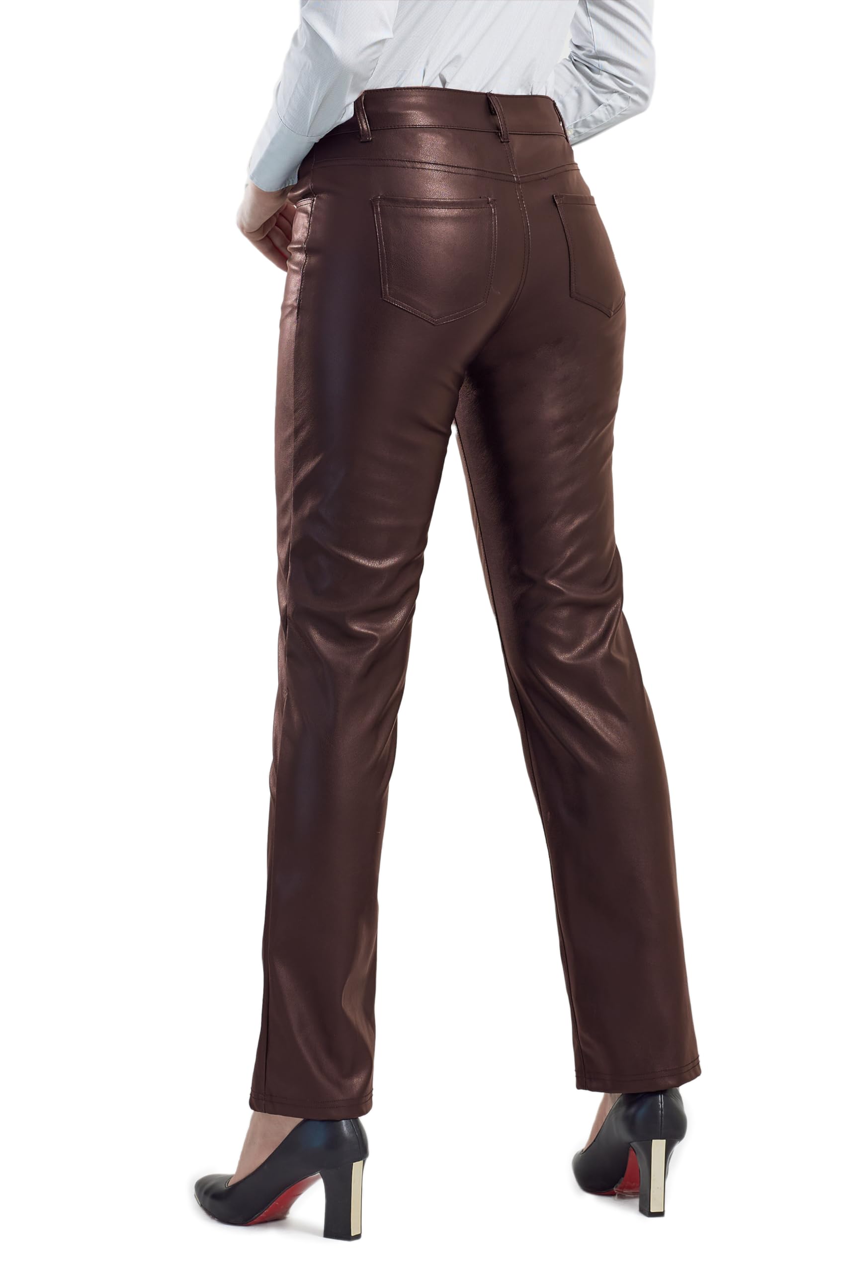 Balleay Art Faux Leather Pants for Women, Straight Leg Mid Waist Butt Lift Elastic Black Pants with 5 Pockets