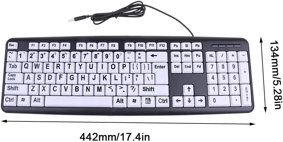 USB Wired PC Computer Game Gaming Keyboard High Contrast Large Print White Keys Black Letter for Old People Elderly Men