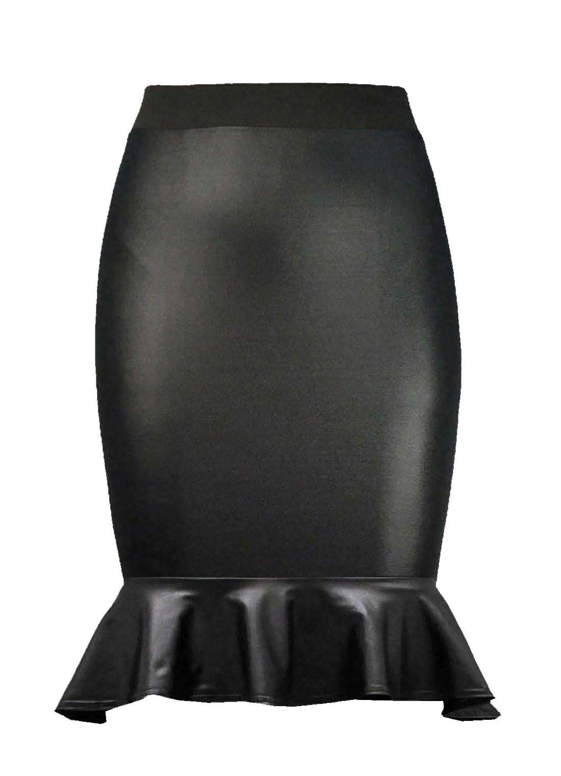 Biwtup Women's Black Frill Wet Look Shiny Frill Hem Leather Midi Skirt Pvc Pencil Skirt Uk 8-26 (, Uk 20-22 Xxl)