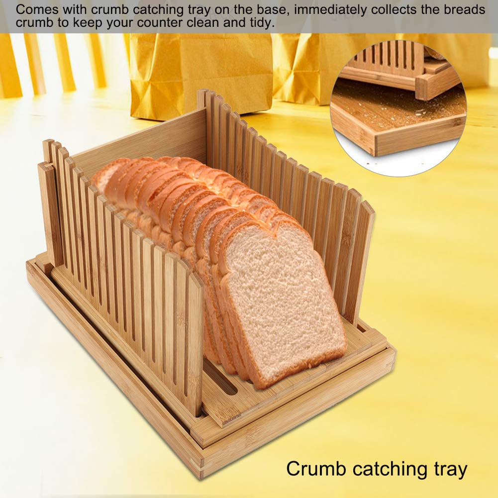 Cortador de pan de bambú con recogedor de migas, guía de corte plegable y compacta para tostadas, pasteles, bagels, sándwich, ideal para entusiastas de la cocina y la repostería