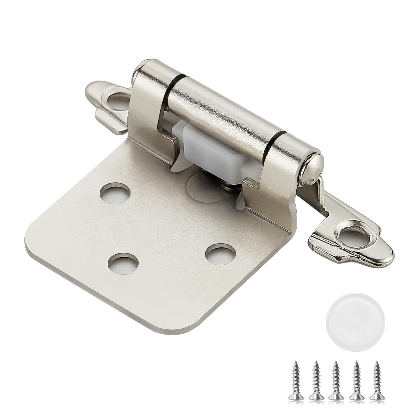 Paquete de 50 (25 pares) bisagras de gabinete de cocina superpuestas de 1/2 pulgada, bisagras de cierre automático de níquel satinado para puertas de armario de cocina, accesorios de armario