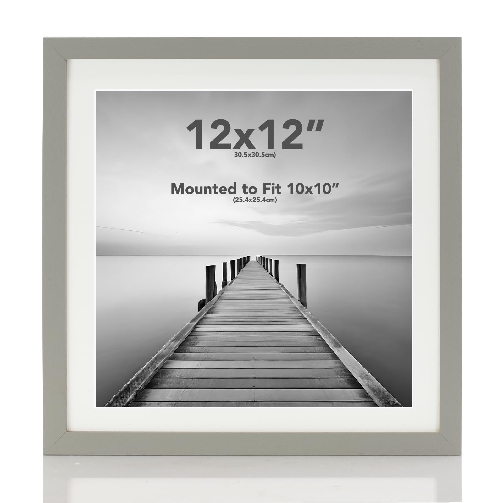 Boldon Framing - Square Thin Pale Grey Wood Picture Frame, 12x12 With White Mount to fit 10x10 Picture Wall Mount Photo Display