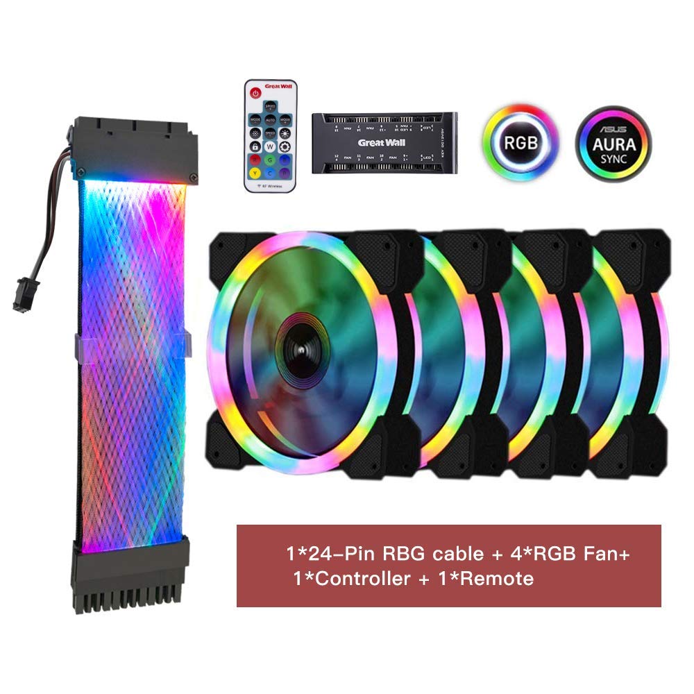 24Pin ATX Motherboard RGB Extension Cable and 4 ARGB Fans Cooling Kit