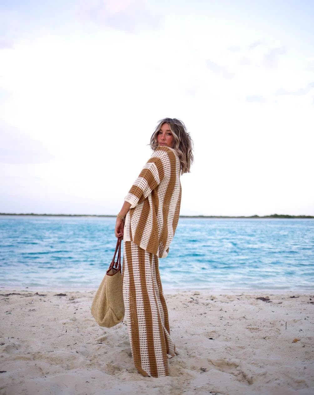 NIFTRIRY Women Cover Up Sets Button Up Tops with Pants Crochet Set Outfit 2 Piece Outfits Vacation Outfits - Image 3