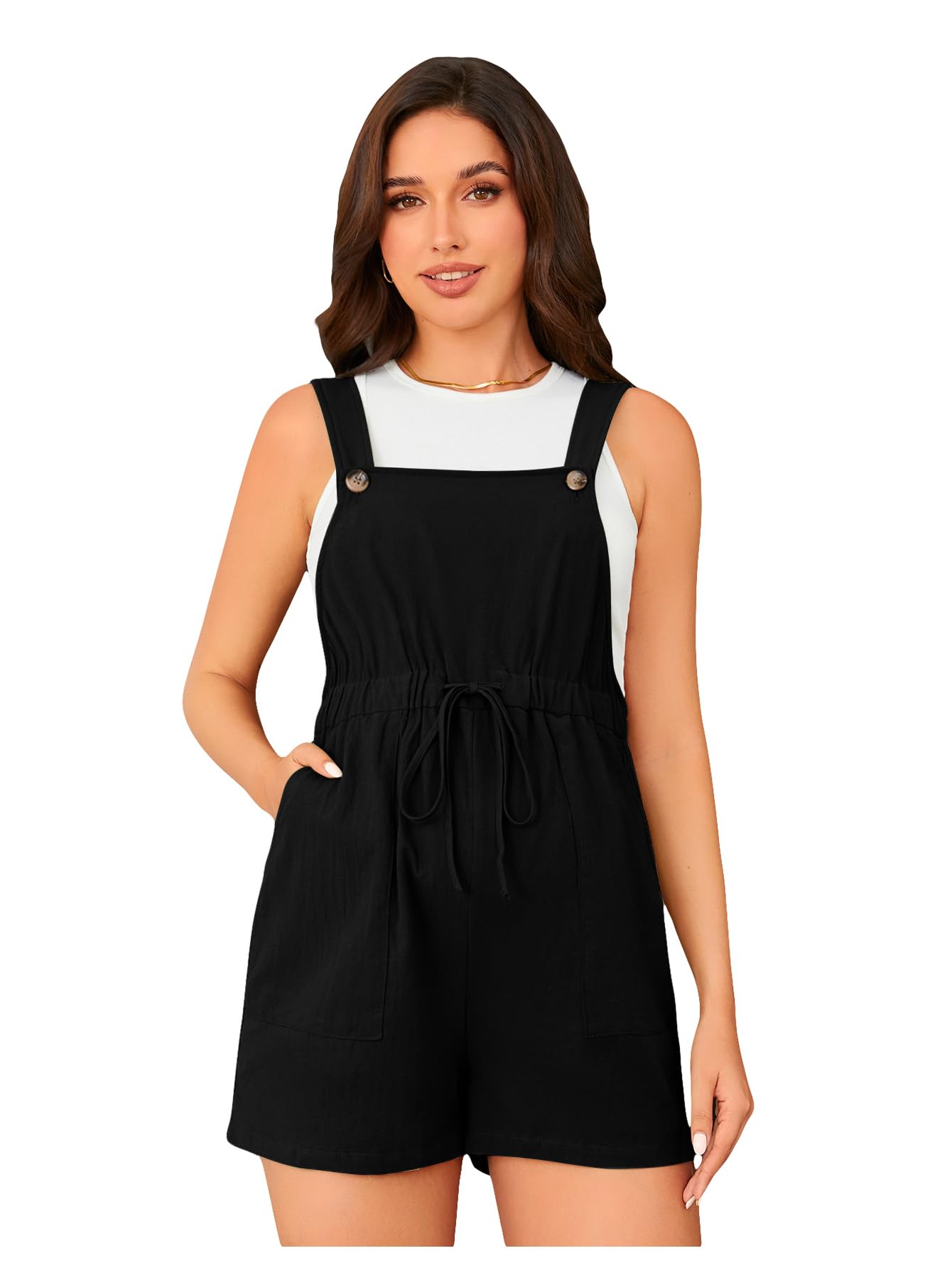 OYOANGLE Women's Maternity Button Sleeveless Drawstring High Waist Short Overall Casual Romper with Pocket