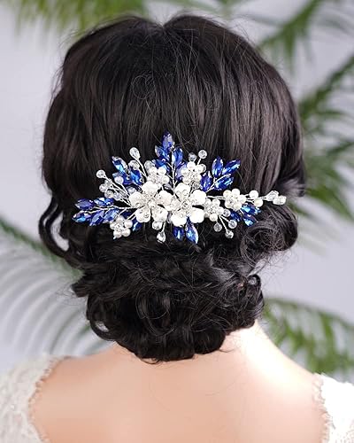 Miniatura 2 de Peine de pelo con diamantes de imitación de cristal azul plateado, perlas, lágrima, diamantes de imitación, diadema de boda para mujeres y niñas