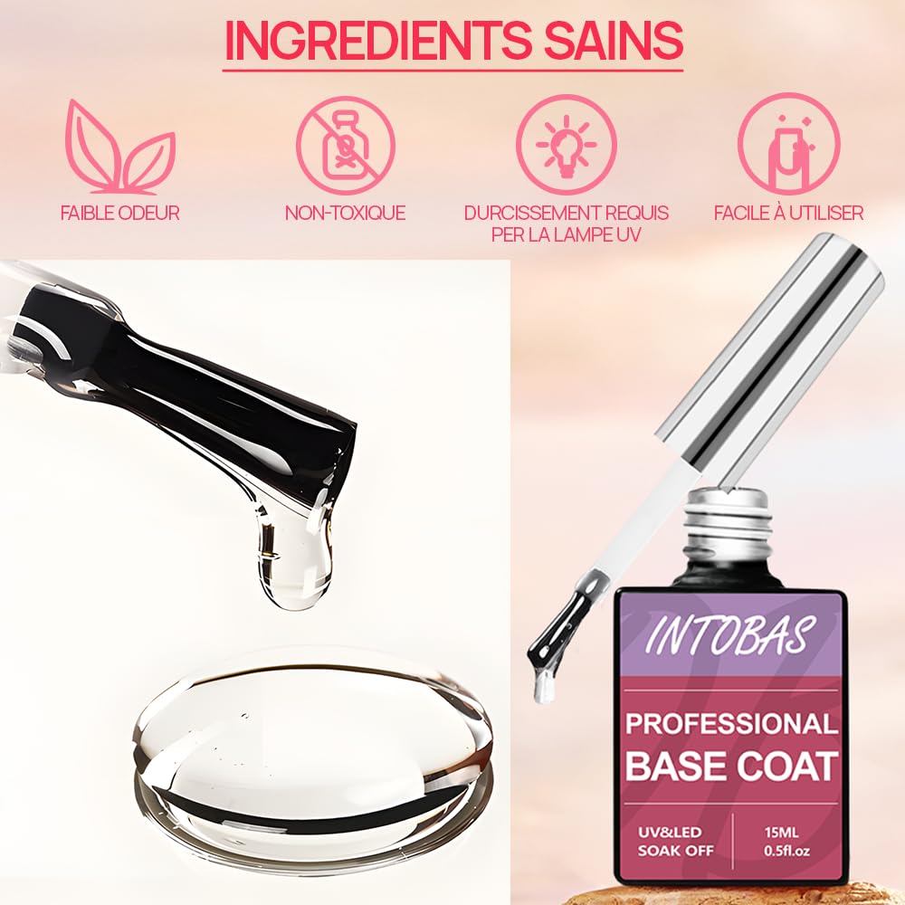 INTOBAS Base et Top Coat Vernis Semi Permanent 2*15ML, No Wipe Top Coat et Base Coat Semi Permanent Kit, Vernis à Ongles Soak-Off UV/LED Gel Semi-Permanent Manucure, Longue Durée, Adapté Au Nail Art