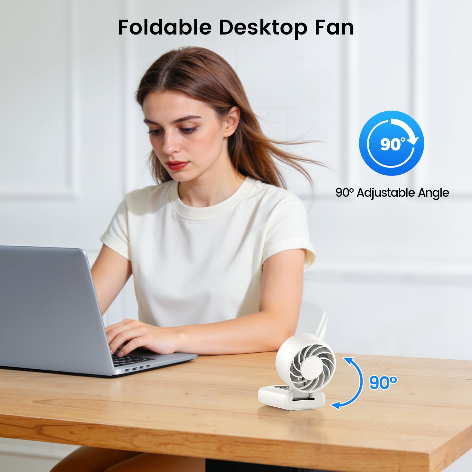 gabless Ventilador Portátil, Ventilador de Mano Recargable, Mini Ventilador USB Eléctrico Plegable con 5 Velocidades, Ventiladors de Sobremesa para Hogar Oficina Viajes (Blanco)