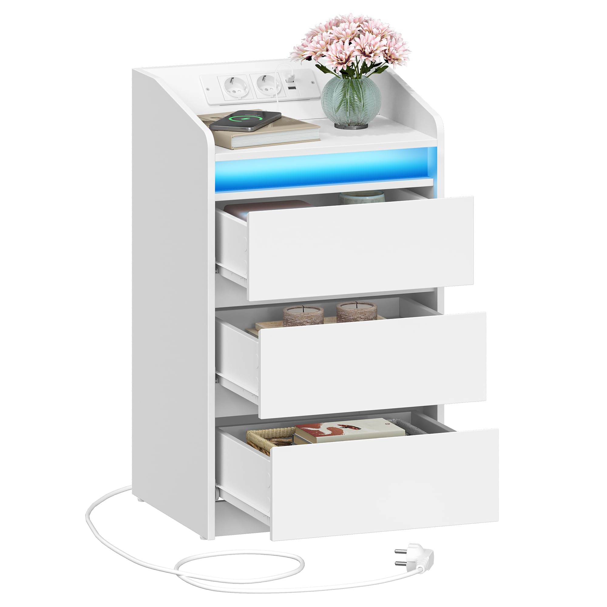 Hzuaneri Table de Chevet avec 3 Tiroirs, Table d'Appoint avec Station de Charge et LED, 2 Prises CA et 2 Ports USB pour Chambre à Coucher, Salon, Blanc NS40003X