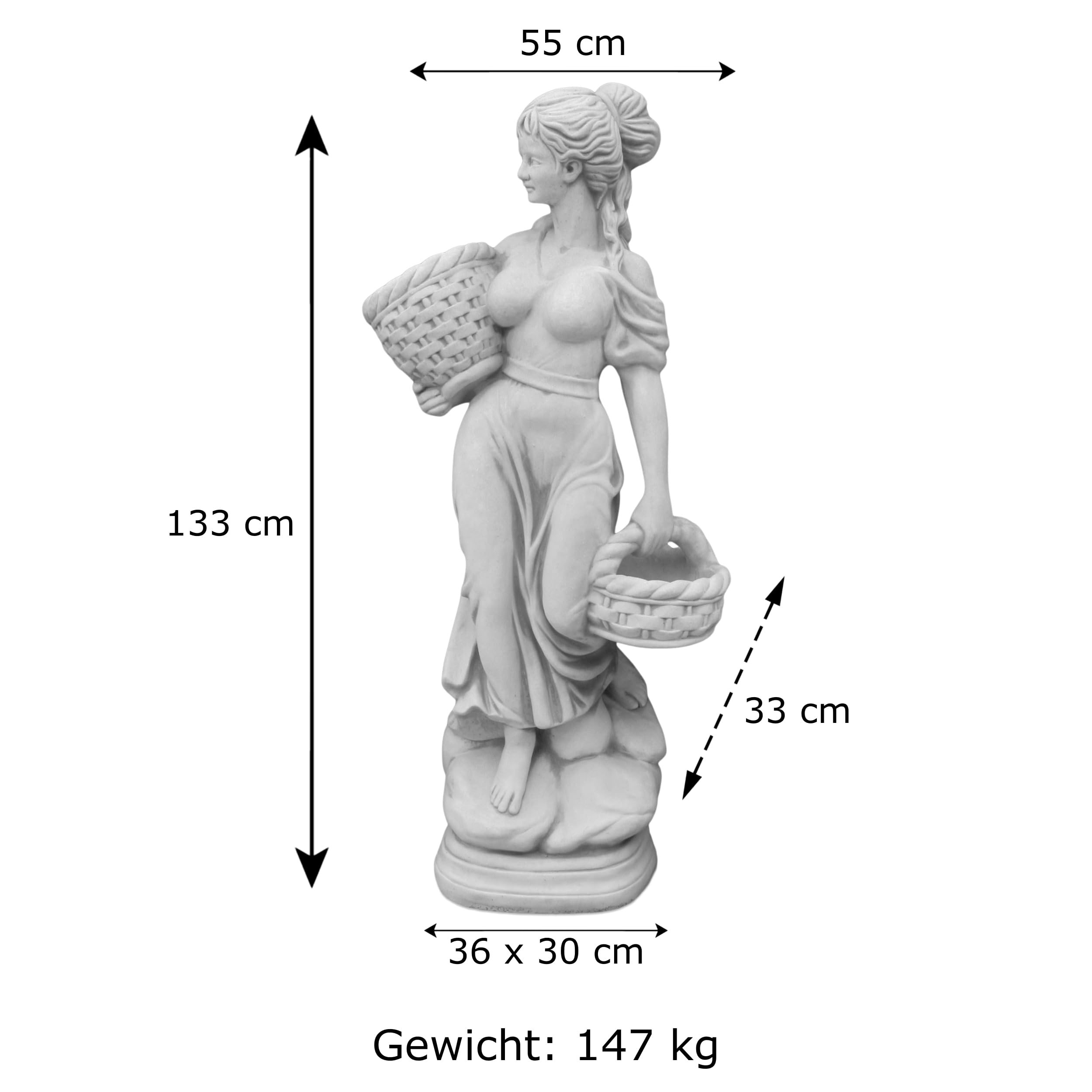 gartendekoparadies.de Frauen-Statue Antiker Stil, Grau, H. 133 cm | Steinfigur, Frostsicher, Steinguss, Für Außenbereich, 147 kg