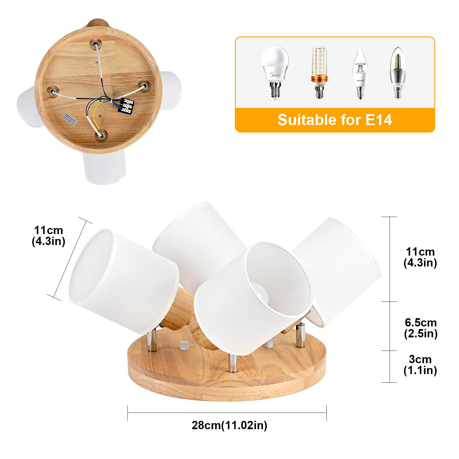 Plafoniera Lampada da Soffitto 4 Faretti Rotonda Orientabili, Legno Faretti da Soffitto Faretto da Parete Vintage Plafoniera 4 Luce E14 per Soggiorno Cucina Cameretta, Lampadina Non Inclusa