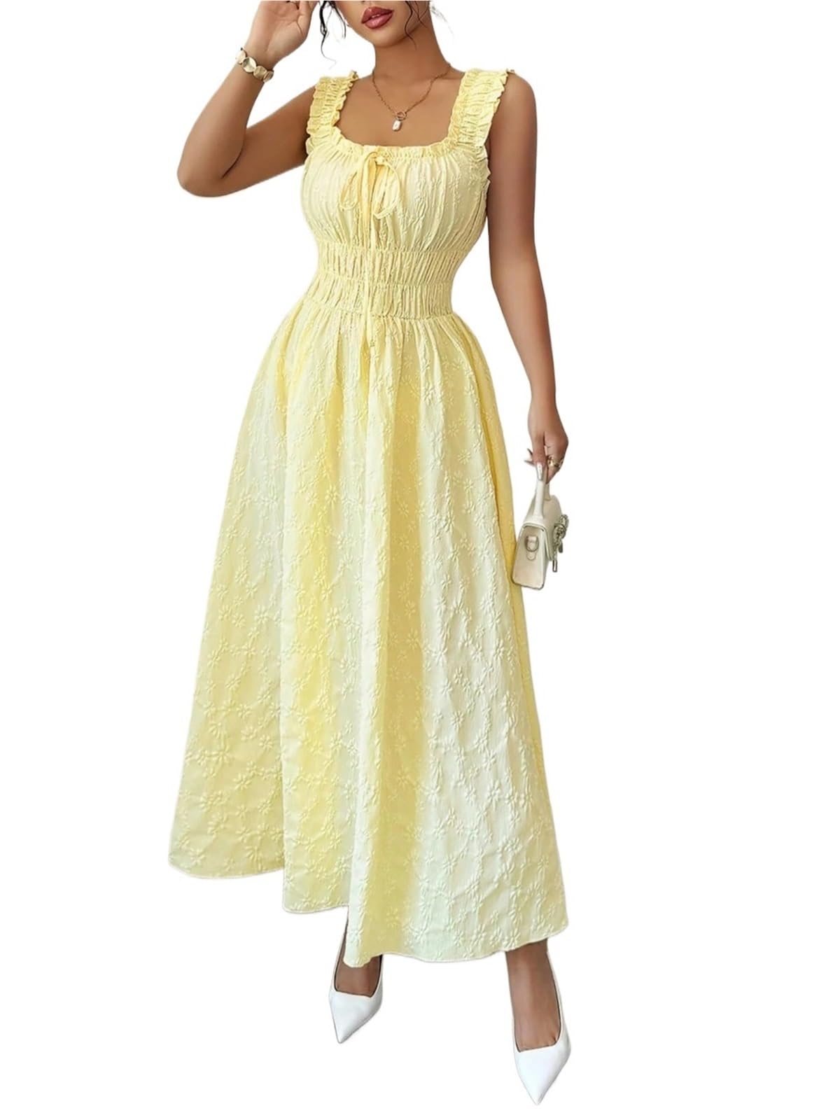 Vestido de Playa Vestidos Casuales for Mujer Sólido Amarillo Smocked Chic Primavera Verano Fiesta Fecha Vacaciones