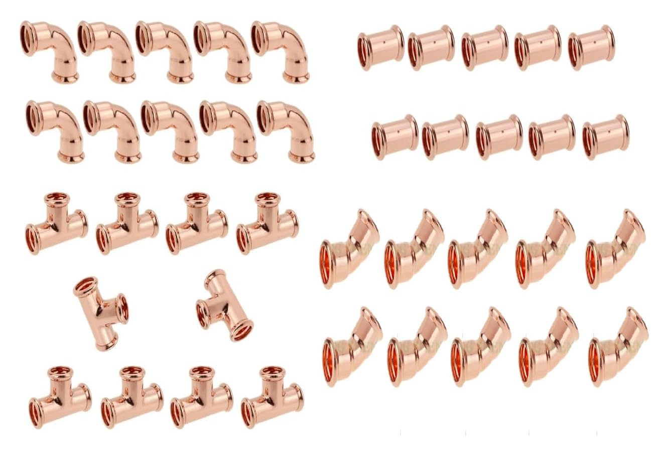 15mm Press Fit Fittings Set 40pcs – 10x Straight Couplers, 10x 90 Degree Elbows, 10x Equal Tees, 10x Elbows 45 Degree M-Profile WRAS Approved