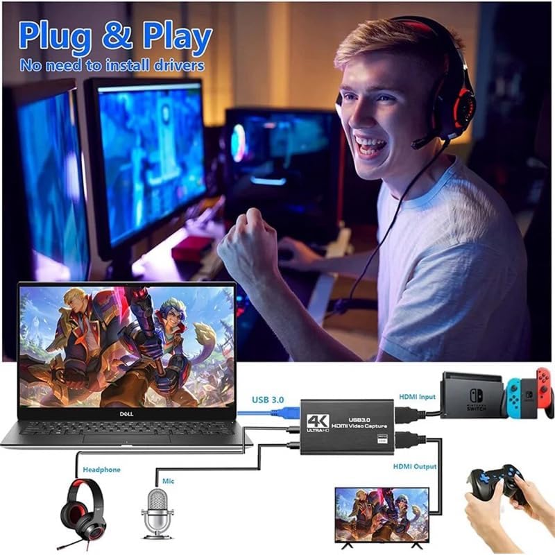 4K USB 3.0 HDMI Video Capture Card, 1080P 60fps HD Recorder Grabber for OBS Game Capture, Live Streaming