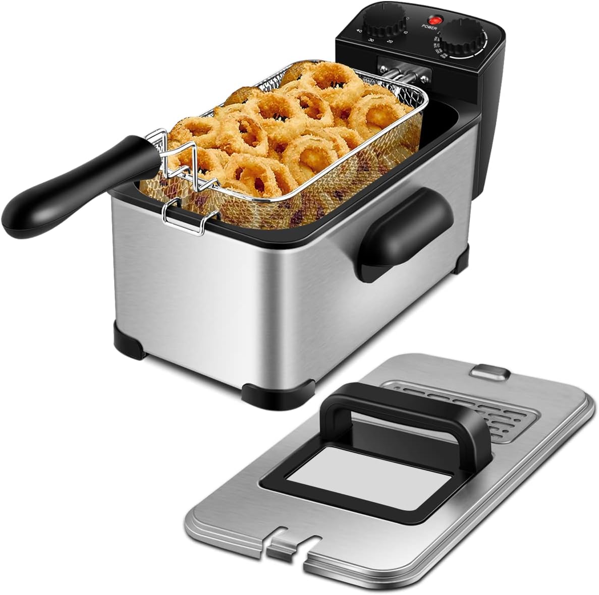 ORALNER Deep Fryer with Basket, Electric Deep Frying 12 Cups Oil Fryer w/View Window, Cool Touch Handle, Timer, Adjustable Temperature Home Deep Fat Fryers, Silver (3.2 QT)