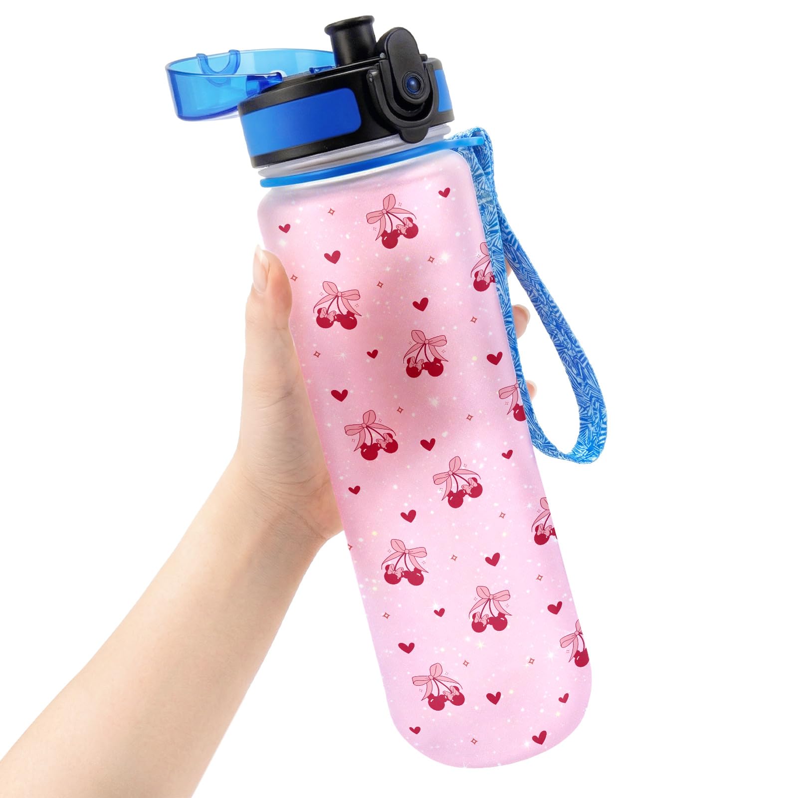 GEPOSTORE Cherry Water Bottle 32oz, Cherry Hearts Pink Kawaii Design, Plastic Bottle for Cartoon Movie Fans, Gifts for Birthday, Tritan Material, Reusable