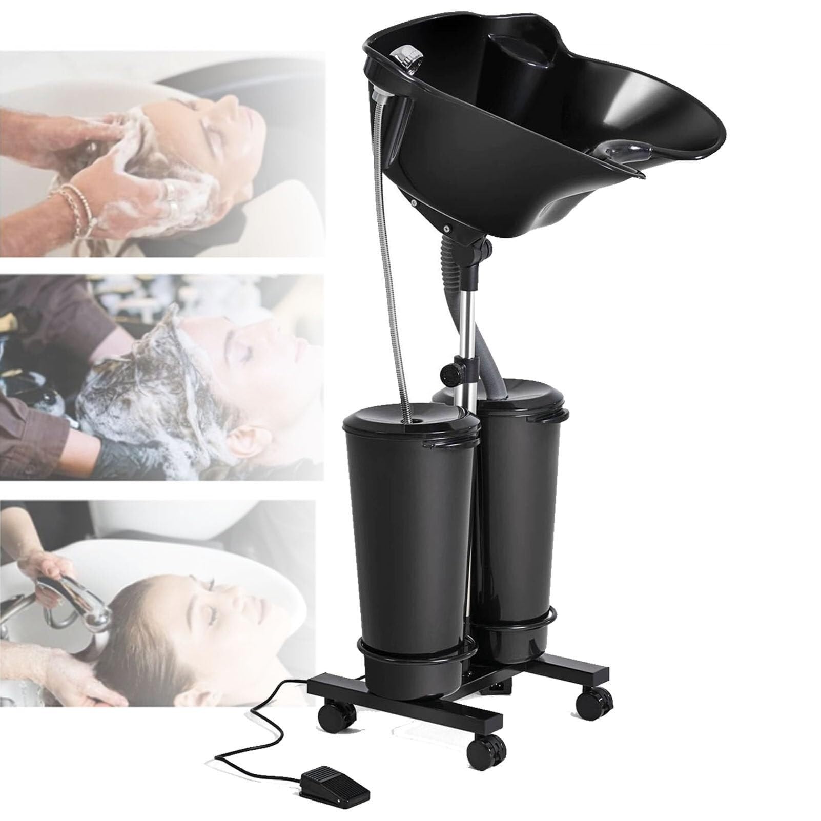 HADECOLL Mobile Salon Basin with Electric Pump, Height Adjustable Shampoo Bowl, Tray with Buckets and Drain Hose for Barber Shop and Elderly Care,A