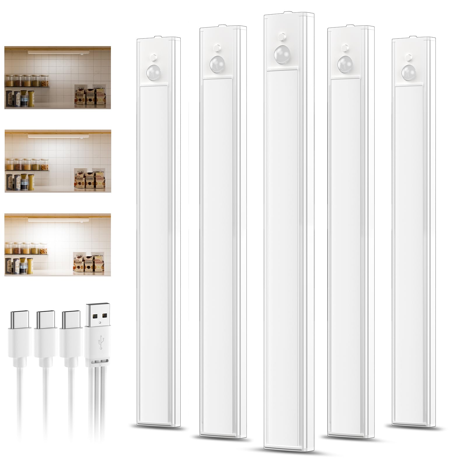 daphomeu 5 Pack Rechargeable Under Cupboard Kitchen Lights, Dimmable Cabinet Light Type-C Charging, LED Motion Sensor Lights Indoor, Magnetic Stick Wireless Light for Shelf Stairs Wardrobe Closet — view 9
