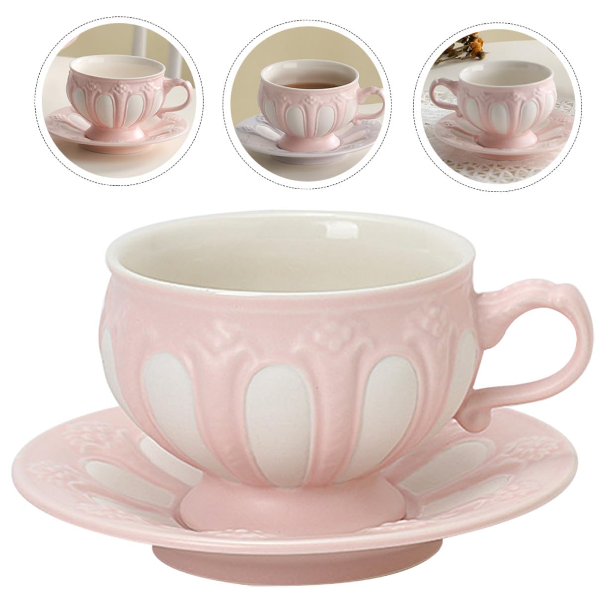 Kaffeetassen Satz 1 Satz Keramik Rosa mit Untertasse, Reliefdesign