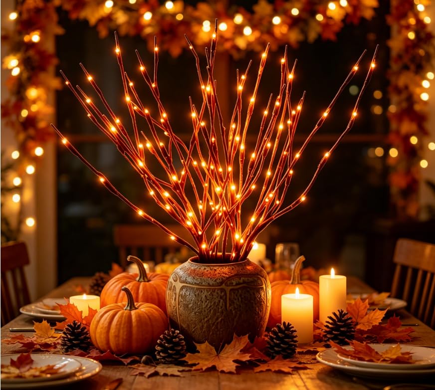 Image of DK177 4Pack Led Branch Light Battery Operated Lighted Branch Vase Filler Willow Tree Artificial Little Twig Power Brown 30 Inch 20 LED for Home Romantic Decoration, 4Pack Orenge-Light