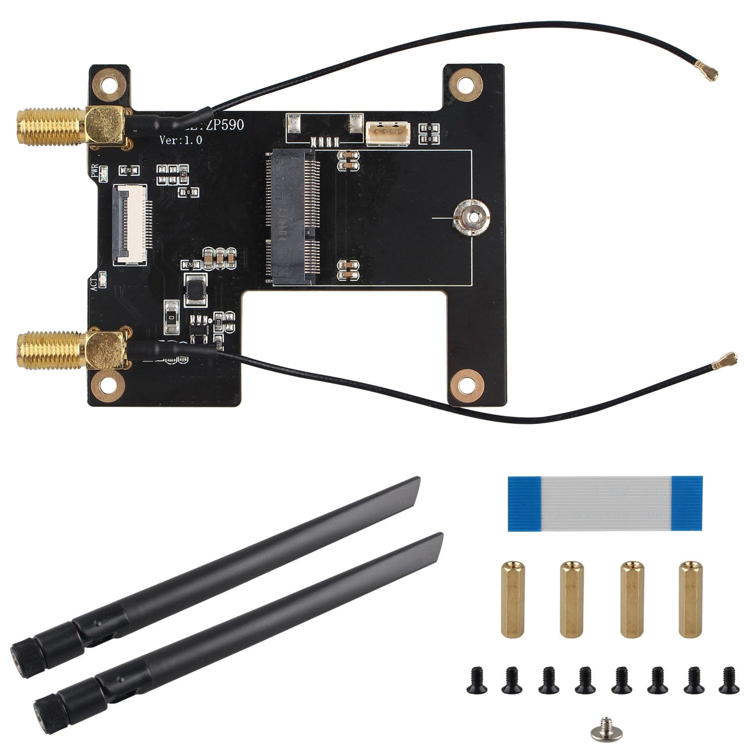 ZDE ZP590A PCIe to M.2 E Key WiFi7 6 6E 5 Hat Adapter for Raspberry Pi 5 | WiFi Adapter Expansion Board, Support Google TPU WIFI 7 BE200 WIFI6E AX210 MT7922 WIFI6 AX200