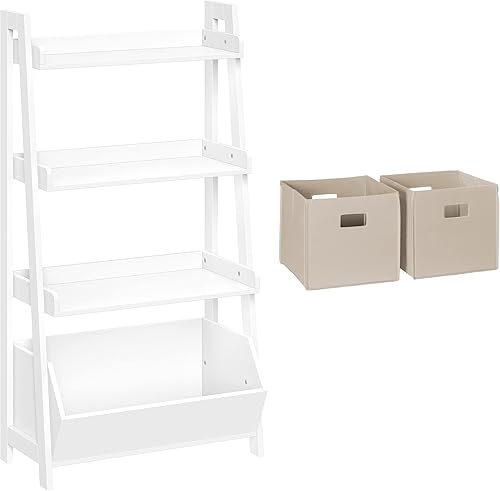 RiverRidge Estante de escalera de 4 niveles de 24 pulgadas para niños con organizador de juguetes y 2 contenedores color gris pardo