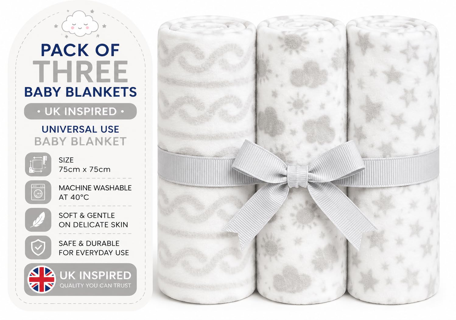 SOHOBABY Pack of 3 Baby Blankets 75 x 75cm Soft Fleece Cot Pram Moses Basket Crib Newborn Swaddle Receiving Blanket Unisex Baby Boy Girl Nursery Bedding Machine Washable UK Inspired (White)