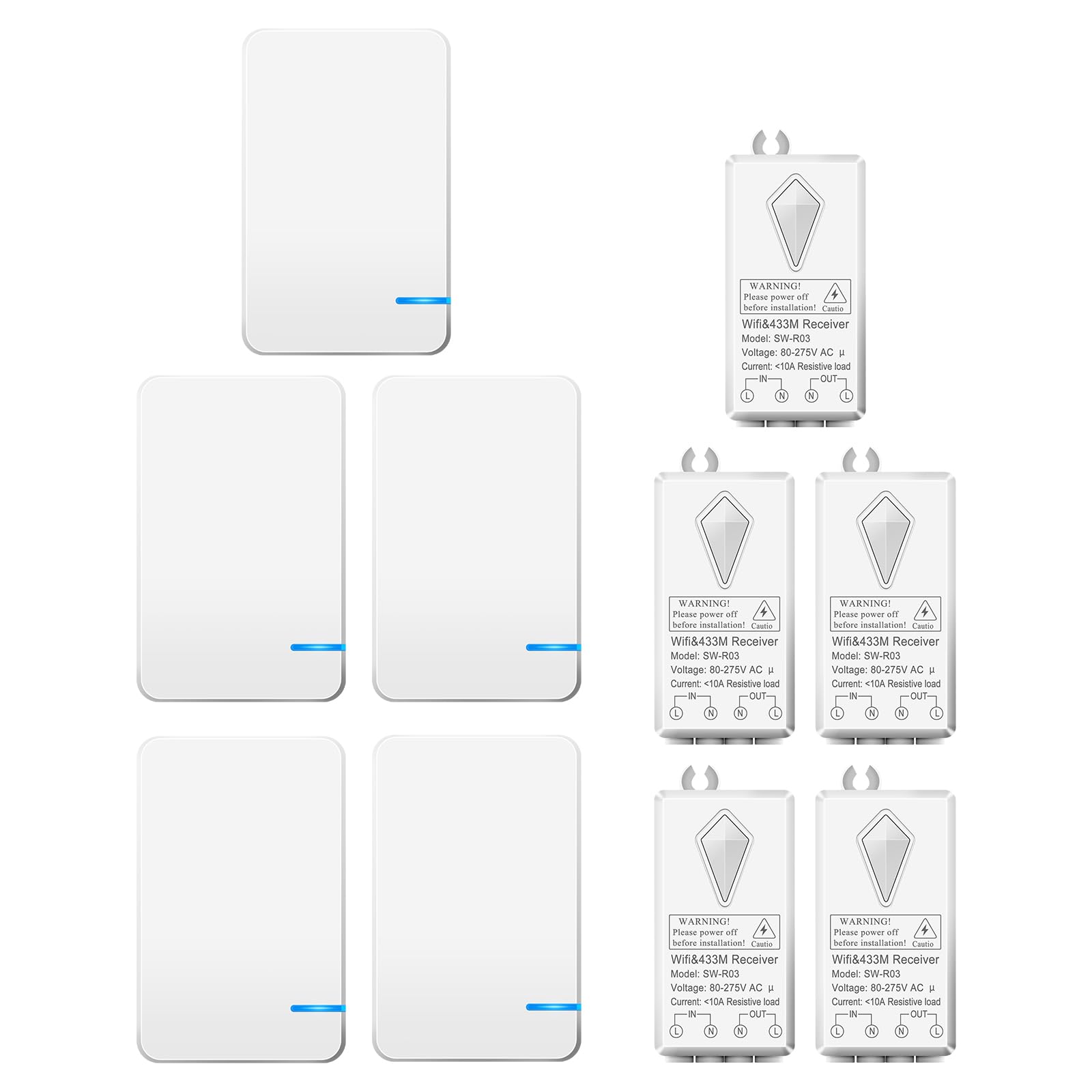 5Stück Kabelloses Lichtschalter-Set WiFi, Mini Switch WiFi Empfänger-Kit, Keine Verkabelung Sprachsteuerung Timing-Funktion IP66 Wasserdicht, Kompatibel mit Alexa Google Assistant Tuya Smart Life APP