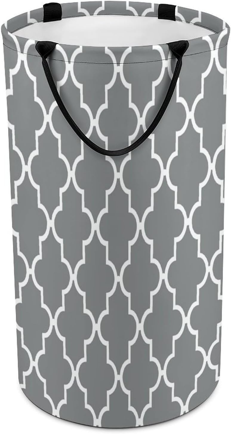 Quatrefoil GreyLaundry Hamper - Large Dirty Clothes Bag.Storage Basket for Easy Carry Handles. Large Clothes Basket with Handles, Clothing Storage Bucket Toy Organizer for Bathroom Bedroom Dorm.