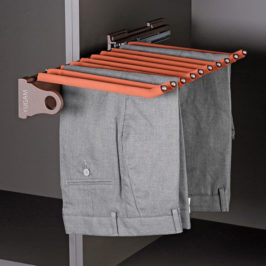 Image of 18inch Sliding Pull Out Pants Hangers Rack for Closet Wardrobe & Cabinet - Steel 10 Arm Trousers Pants Hanger, Organizer, Clothe Hanger,(Brown)