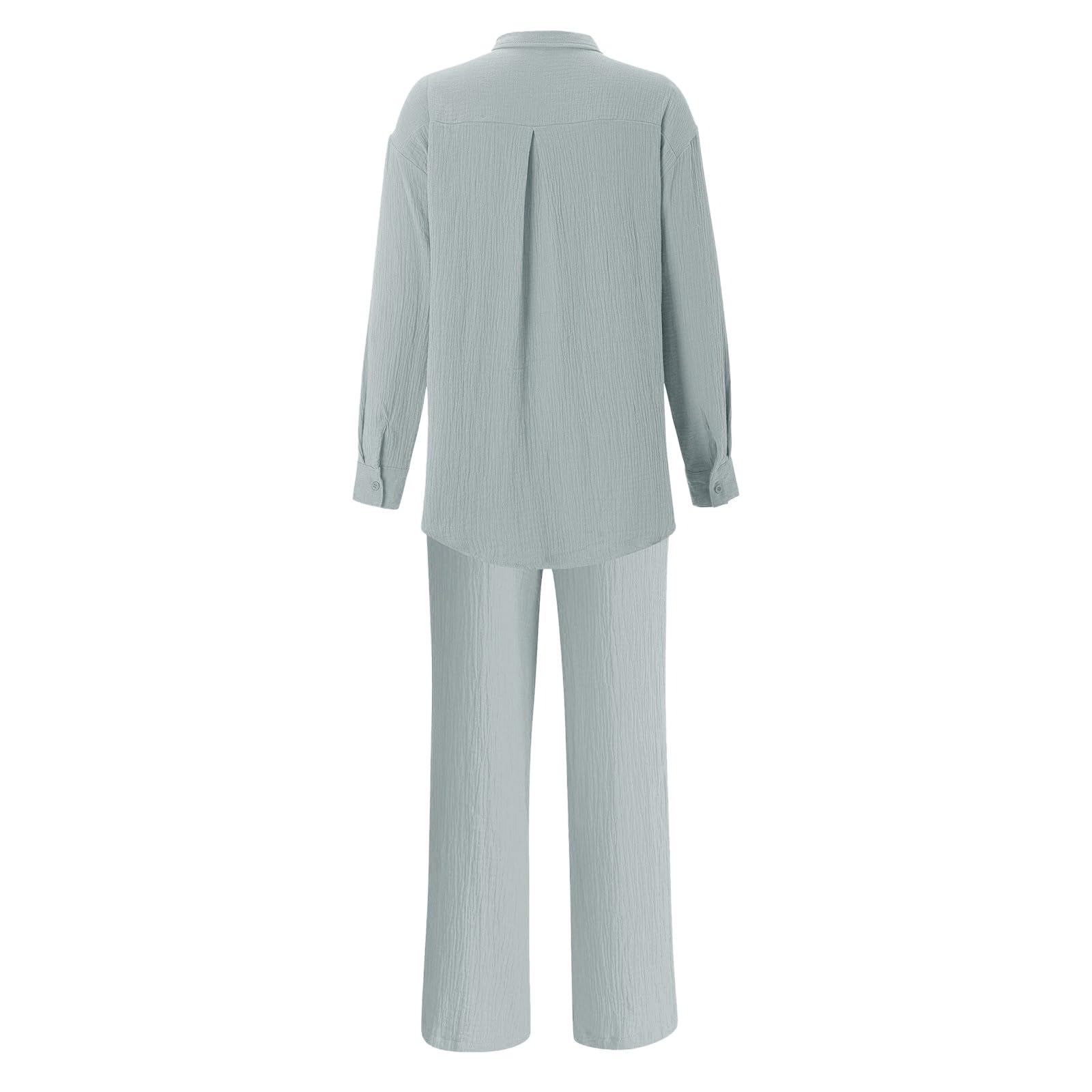Leinen Set Damen Zweiteiler Musselin Hosenanzüge Elegant Langarm Top Und Hose 2 Teiler Leinen Baumwolle Freizeitanzug Casual Leicht Anzug Loungewear Set