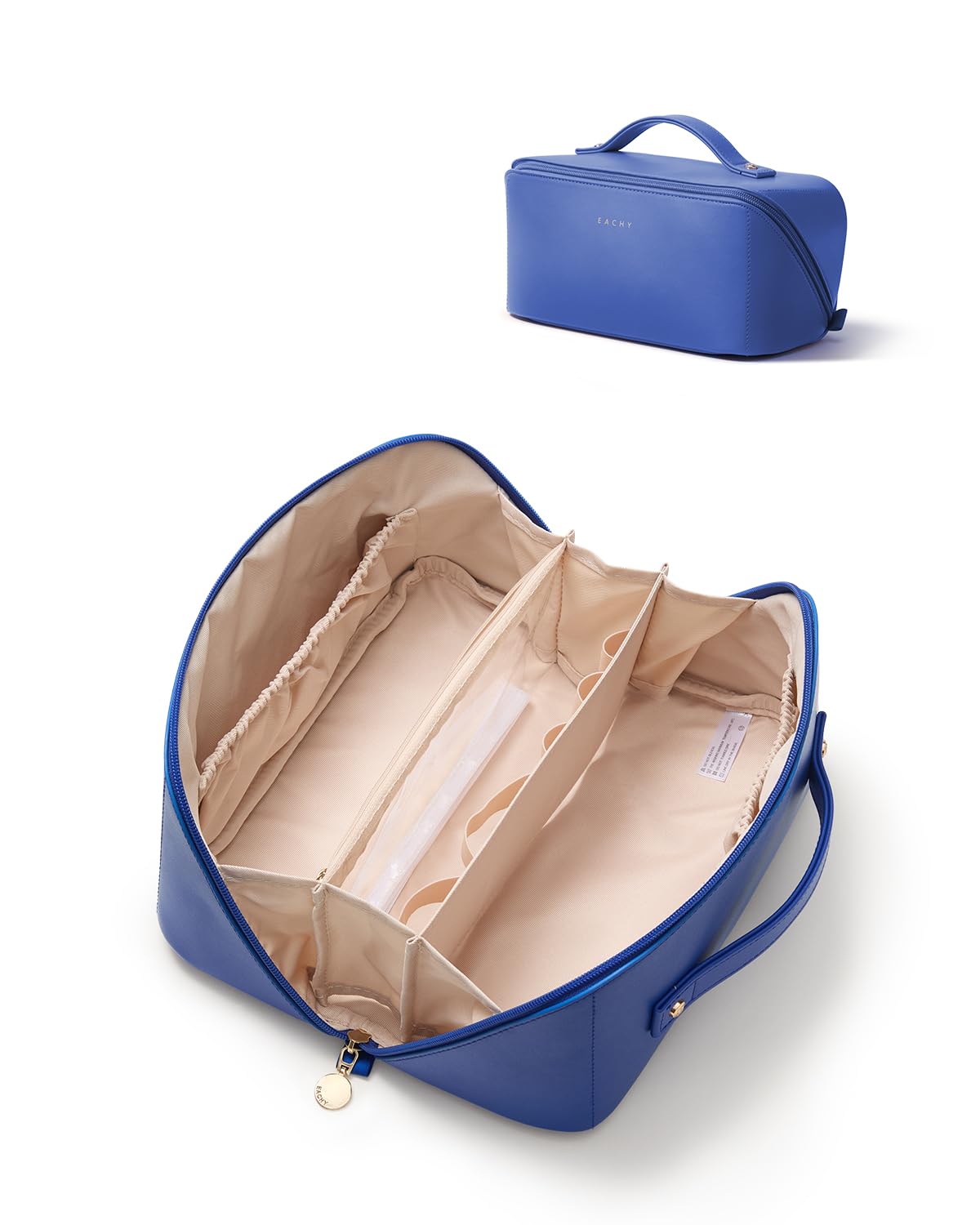 EACHY Travel Makeup Bag for Women, Flat Open Cosmetic Bag, Blue, Large