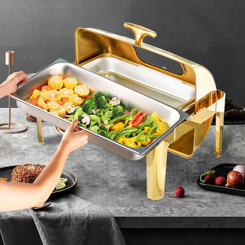 4 Packs 9QT Gold Roll Top Chafing Dish Buffet Set, Rectangular Stainless Steel Buffet Warmer Chafers and Warmers Sets with Thick Frame for Catering Events Parties Weddings Dinners, Luxury Gold