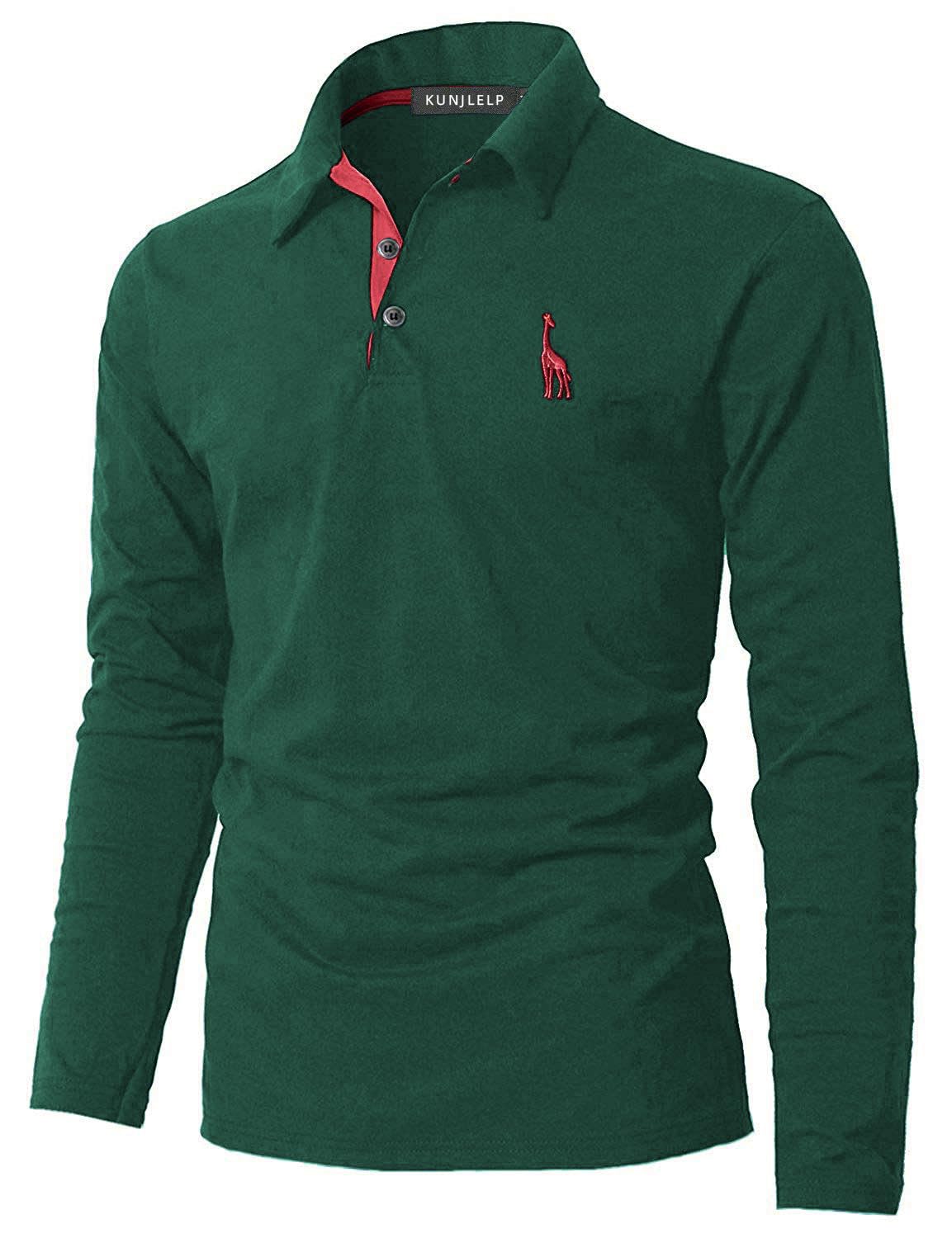 KUNJLELP 100% Cotone Polo da Uomo Manica Lunga Ricamo di Giraffa Maglietta Uniformi Polo da Lavoro per l'autunno e l'inverno
