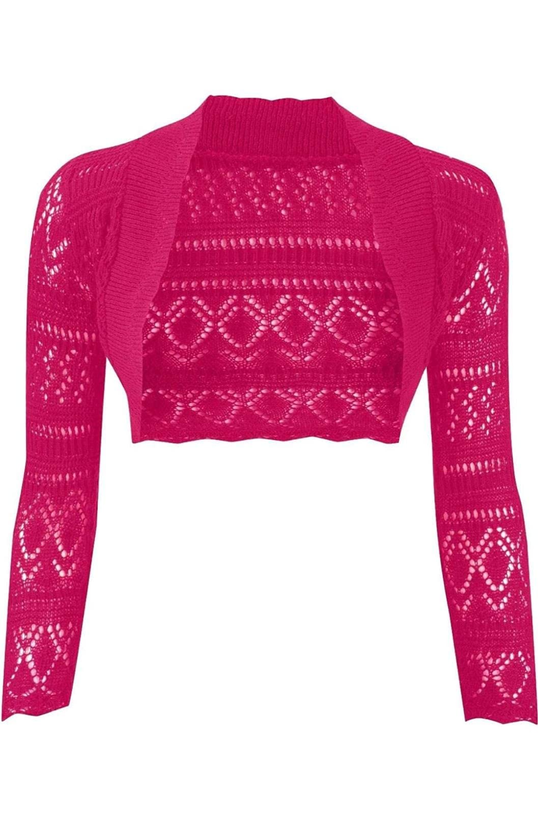 JJ CLOTHING Women's Long Sleeve Crochet Bolero Shrug Plain Cropped Knitted Open Cardigan (Fuchsia, M/L)
