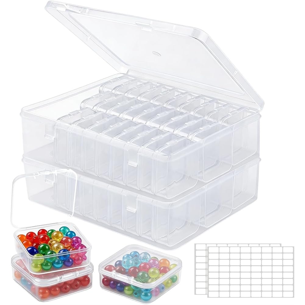 UDSKNV[KSL Bead Organizer Box 2-Pack, 60 Small Girds Bead Storage Organizer, Beads Storage Container with 2 Sheets of Label Stickers